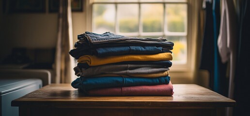 Poster - A stack of folded clothes sits on a wooden table with a window behind it.