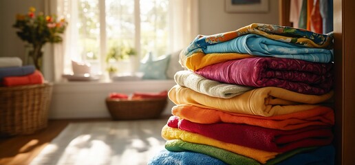 Poster - A stack of folded clothing in various bright colors, sits on a shelf in a bright, sunny living room.