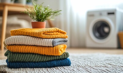Poster - A stack of folded sweaters in various colors sits on a rug in front of a washing machine.