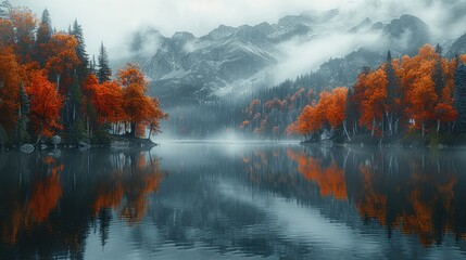 Poster - A Lake has many trees growing on both sides of it. reflection in the water. Fog is floating around. and behind the mountains were dense forests covered with orange foliage.