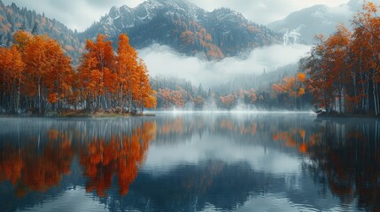 Poster - A Lake has many trees growing on both sides of it. reflection in the water. Fog is floating around. and behind the mountains were dense forests covered with orange foliage.