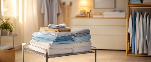 Poster - A stack of folded towels and linens on a metal rack in a modern bathroom.