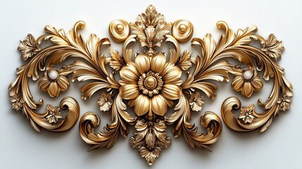 Poster - Opulent 3D gold ornament set on a white background with intricate Baroque elements including swirling floral patterns filigree scrolls and regal vintage flourishes showcasing historical grandeur