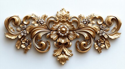 Poster - Opulent 3D gold ornament set on a white background with intricate Baroque elements including swirling floral patterns filigree scrolls and regal vintage flourishes showcasing historical grandeur