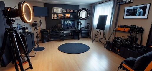 Aufkleber - A well-equipped home studio with a ring light, camera, tripod, computer, and soundproof panels.