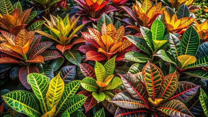  A symphony of vibrant foliage with intricate patterns, showcasing a kaleidoscope of colors from deep green to fiery red, creating a captivating visual feast.