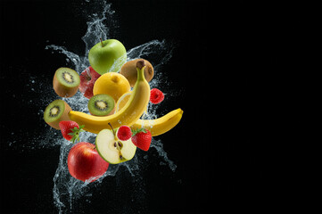 Vibrantly colored tropical fruits with splashing water on a black background.