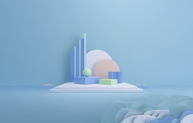 Aufkleber - blue background with pastel colors, geometric shapes, and a 3d podium.