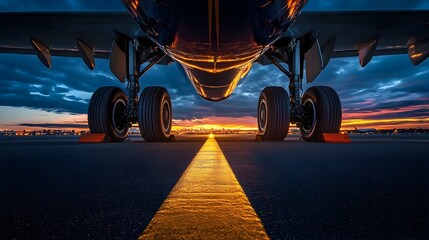 Dramatic Low Angle View of Commercial Airliner s Landing Gear at Twilight