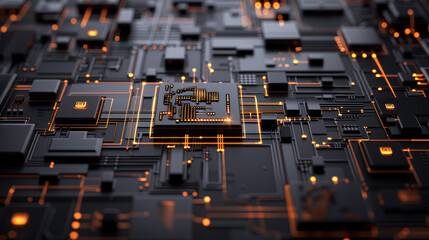 Aufkleber - detailed view of futuristic circuit board with glowing nodes and intricate connections, showcasing advanced technology and innovation. vibrant orange lights create dynamic atmosphere