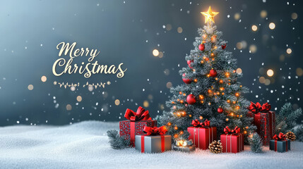 Wall Mural - beautifully decorated christmas tree with glowing lights and red ornaments stands amidst snowy lands