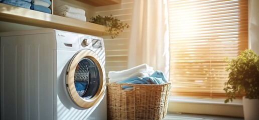 Poster - A white washing machine with a wooden door in a laundry room with a basket of laundry.