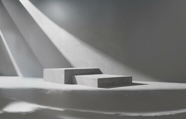 Two grey concrete rectangular platforms sit on a white surface, with the shadow of light beams shining from above.