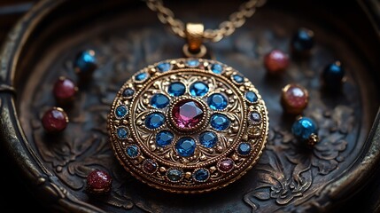 Poster - Ornate gold locket with precious gemstones detailed with fine filigree work lying on a vintage jewelry tray evoking timeless luxury