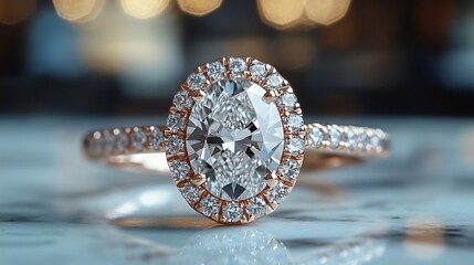 Poster - Ovalcut diamond engagement ring with a halo of smaller diamonds set against a soft minimalistic background exuding luxury and sophistication