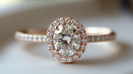 Poster - Ovalcut diamond engagement ring with a halo of smaller diamonds set against a soft minimalistic background exuding luxury and sophistication