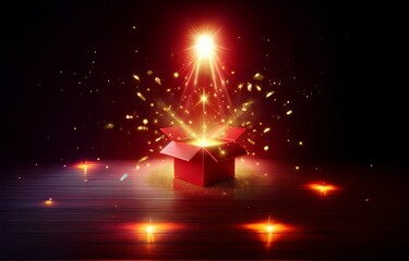 Open red gift box with bright light and confetti exploding from inside on wooden surface