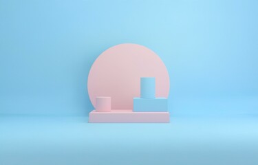 Aufkleber - A minimal design with a pink oval shape on a blue background. Two blue cylinders and one pink cylinder rest on a pink and blue platform.