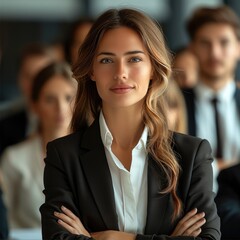 Aufkleber - Woman boss holds speech in front of his employees in the office.