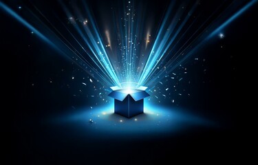 Wall Mural - an open box, emitting a bright light and surrounded by sparkling particles, on a dark blue backgroun