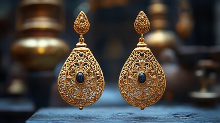 Poster - Antique gold earrings intricate filigree work resting on a minimalist surface emphasizing the detailed craftsmanship of historical gold jewelry