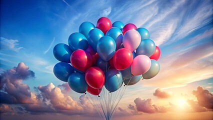 Sticker - A vibrant cluster of blue, pink, and red balloons ascends towards a sun-drenched sky, their playful shapes contrasting against the billowing clouds and golden hues of twilight.