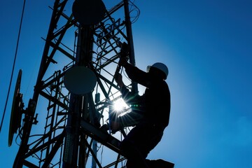 Technician working at heights on telecommunication tower against blue sky