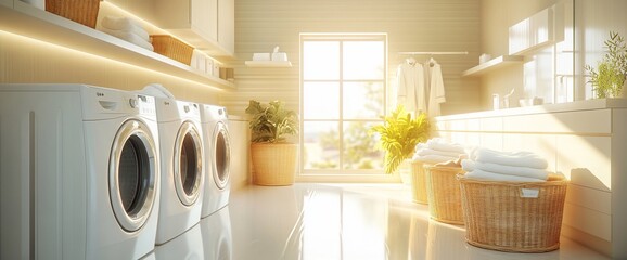 Poster - Bright laundry room with white washing machines, clean towels in wicker baskets, and a window overlooking a garden.