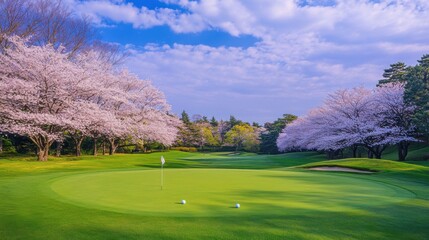 Wall Mural - A serene golf course green surrounded by cherry blossoms, Golf balls resting among blooming sakura petals, Cherry blossom elegance style