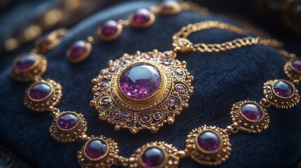 Poster - Antique gold jewelry ornate filigree patterns featuring opulent gemstone settings resting on a dark velvet cloth in a vintageinspired scene