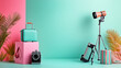 © Not_nutthapong - vibrant and stylish setup featuring turquoise suitcase, vintage camera, and photography light on tripod, complemented by colorful backgrounds and tropical leaves. This scene exudes playful and