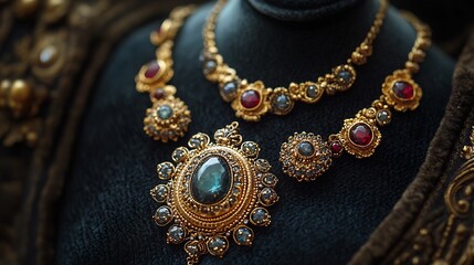 Fototapete - Antique gold jewelry ornate filigree patterns featuring opulent gemstone settings resting on a dark velvet cloth in a vintageinspired scene