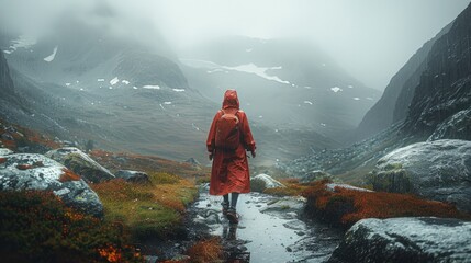 A female hiker in a large long red raincoat is walking through a wide alpine valley covered in boulders in mountains, it's raining heavily and she is pushing against the rain and strong winds.