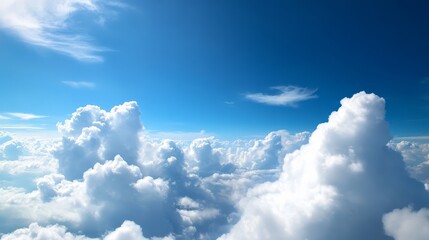  A blue sky dotted with white clouds and a plane positioned centrally