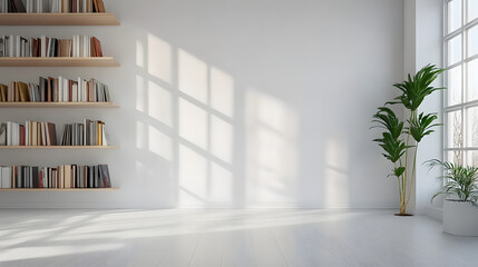 Canvas Print - A white room with a large window and a shelf with books. The room is empty and has a minimalist feel