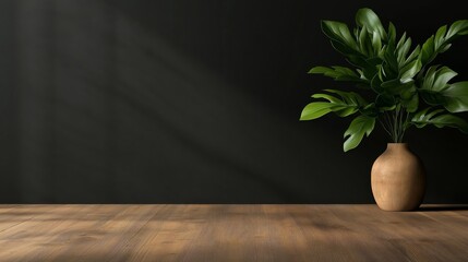 Kitchen wooden countertop on white wall background. Minimalist room with tabletop and plant in vase.