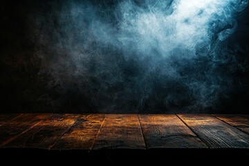 Dark background with a wooden table and smoke, with a spotlight