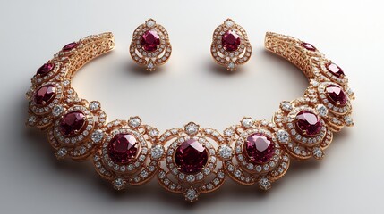 Poster - Beautiful 3D gold diamond jewelry set featuring an intricately designed necklace with matching earrings displayed on a white backdrop for a luxurious and sophisticated look