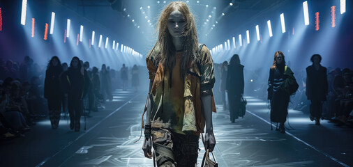 Sticker - Many models walks on the runway of fashion week. These women wear dingy, homeless-looking clothes.