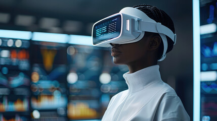 Aufkleber - Innovative African woman using virtual reality technology in modern workspace, showcasing advanced data visualization and analytics