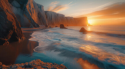Poster - A breathtaking coastal at golden hour, featuring a dramatic rocky beach with layered sedimentary cliffs in the background.