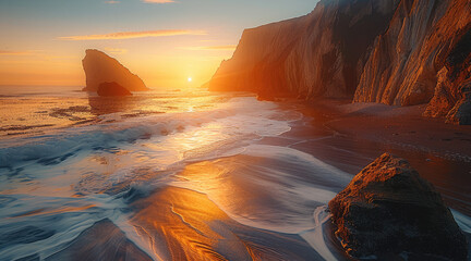 Poster - A breathtaking coastal at golden hour, featuring a dramatic rocky beach with layered sedimentary cliffs in the background.