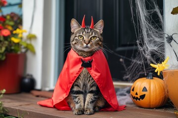 A tabby cat in a devil outfit sits on a porch stoop, complete with red horns and cape, complemented by carved pumpkins and cobwebs for the Halloween season.