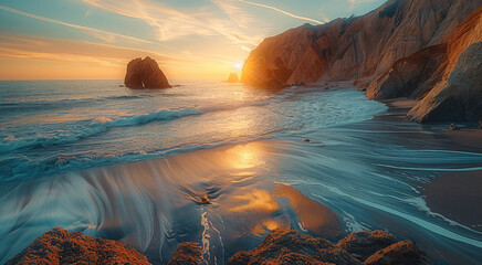 Poster - A breathtaking coastal at golden hour, featuring a dramatic rocky beach with layered sedimentary cliffs in the background.