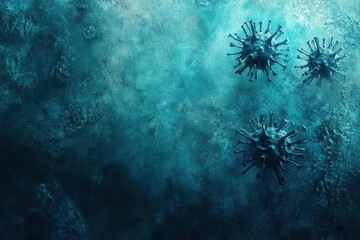 Poster - Abstract representation of viruses floating in a dark, turquoise environment