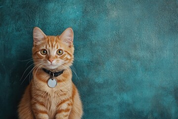 Curious orange tabby cat with collar sitting against a textured turquoise wall indoors