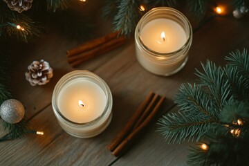 Poster - A cozy ambiance with lit candles surrounded by pine branches and cinnamon sticks on a wooden table, creating a serene and festive holiday atmosphere.