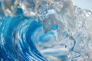 An intricate photograph of a majestic ocean wave curling inward with a backdrop of a clear, blue sky, exhibiting the immense beauty and power of nature.