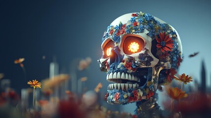 Glowing sugar skull with neon blue and red floral patterns, radiant eyes, dark setting