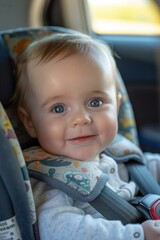 Poster - A baby smiles while sitting in a car seat. AI.